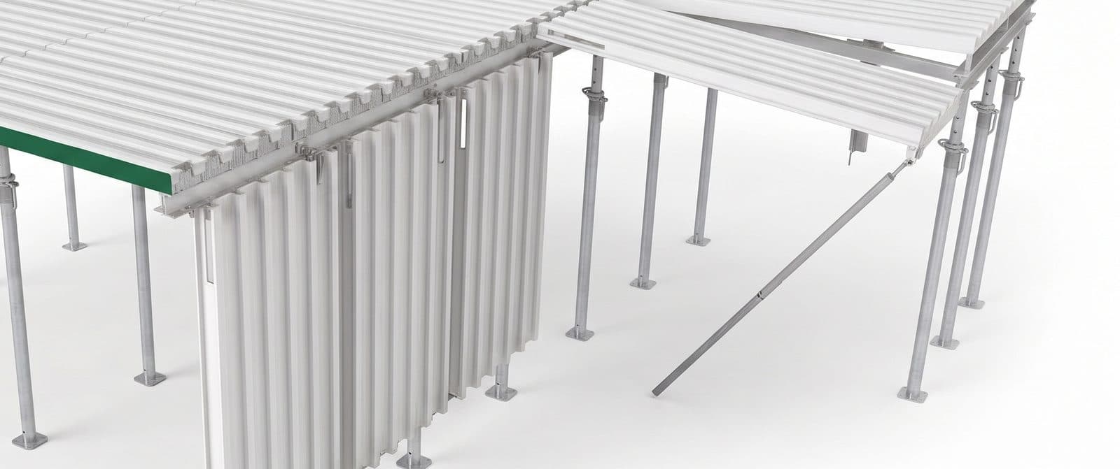 A matrix bay part stripped, with one panel run removed and the beam left standing